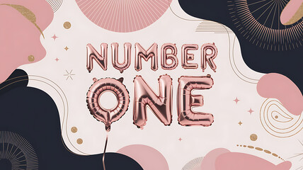 Rose gold balloons spelling NUMBER ONE on a white background with pink and black abstract shapes. 
First birthday celebration.