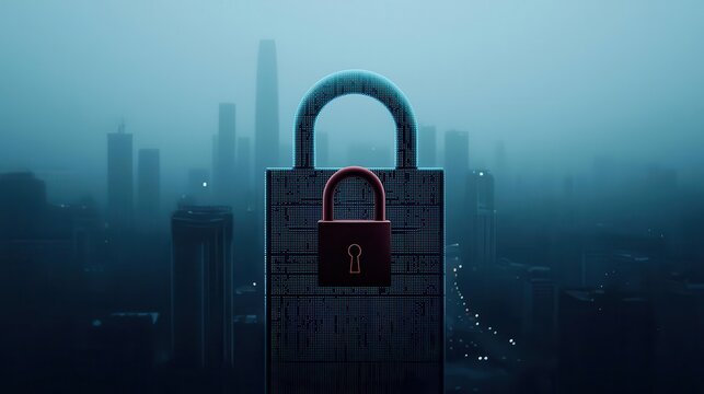 A city skyline made of data points, with a massive padlock floating above the buildings, symbolizing the need for urban privacy protection