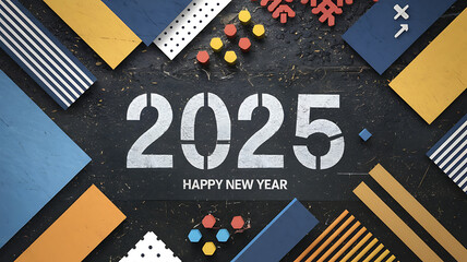 Obraz premium Geometric shapes and 2025 in white on black background, New Year greeting card, modern design. 