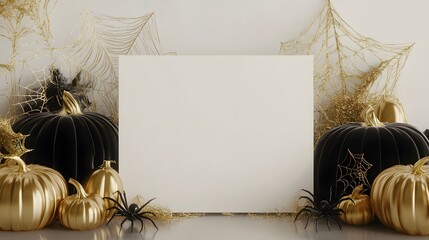 Blank mockup template of an invitation card surrounded by golden spider webs, velvet pumpkins, and elegant Halloween decor.
