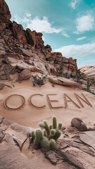 Desert landscape with green cactus and red rocks with the word OCEAN written in the sand, a desert oasis concept. 
