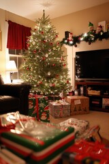 Obraz premium a living room with christmas tree and presents