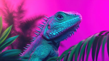 Obraz premium vibrant, futuristic illustration of bioluminescent lizard surrounded by lush foliage, showcasing striking colors and intricate details. scene evokes sense of wonder and beauty in nature