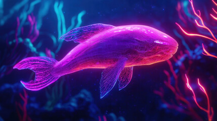 vibrant futuristic illustration of bioluminescent fish swimming through colorful underwater scene, surrounded by glowing coral and plants, creating mesmerizing atmosphere