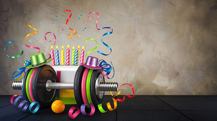 Fitness birthday celebration colorful dumbbells joyful festive mood
