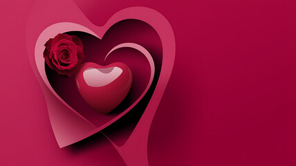 Red hearts and a rose on a pink background, romantic and love, Valentine's Day. 
