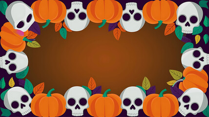 White Skulls and Orange Pumpkins on a Brown Background, Halloween Design, Spooky and Festive. 

