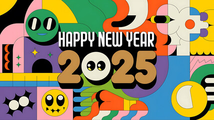 Fototapeta premium Happy New Year 2025 Retro Colorful Abstract Design 