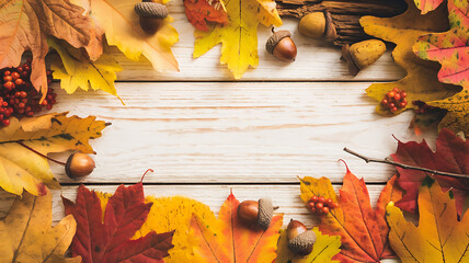 Autumn leaves acorns frame white wood background Thanksgiving fall harvest.
