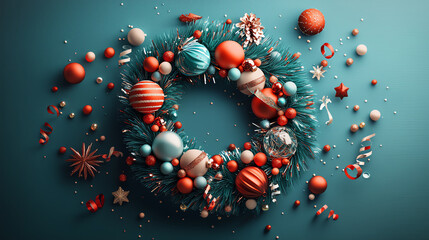 Vintage-style holiday wreath with tinsel and antique glass ornaments, 3D illustration