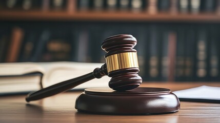 Legal Gavel on Desk in Courtroom Setting