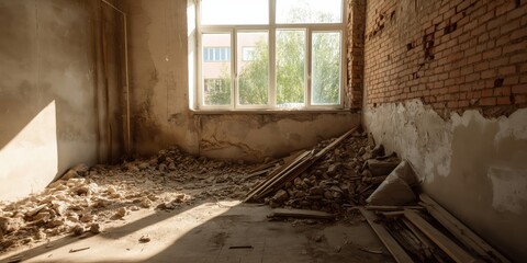 Obraz premium An abandoned room filled with rubble, displaying bare brick walls and a large window letting in natural light, conveying a sense of decay and neglect.