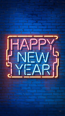 Obraz premium Neon blue and pink Happy New Year sign on a brick wall, perfect for holiday celebrations and festive designs. 