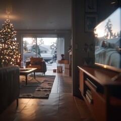 a living room with a christmas tree and a tv