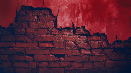 Red brick wall with peeling paint, grunge texture, dark and moody, urban decay, Halloween background. 
