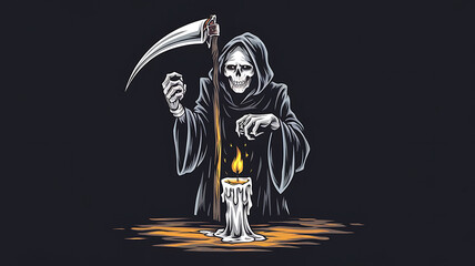 Grim Reaper in black robe, with a scythe and a candle, evoking mystery and darkness for Halloween designs. 
