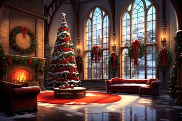 Fototapeta premium christmas living room with fireplace and christmas tree