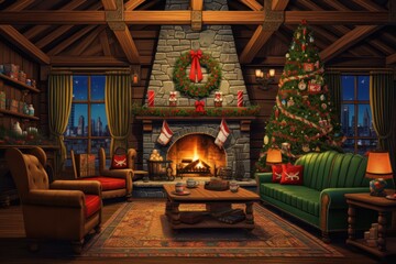 Fototapeta premium christmas living room with fireplace and christmas tree