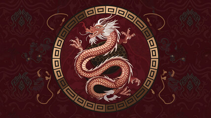 Fototapeta premium Elegant red gold Chinese dragon symbol Lunar New Year celebration. 