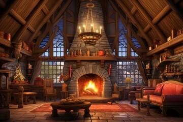 Obraz premium a room with a fireplace and a couch