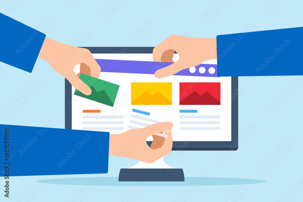 Poster flat illustration of hands help build website on computer screen with template customization and seo