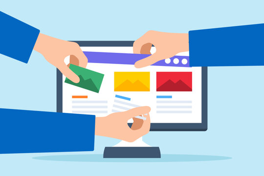 Flat illustration of hands help build website on computer screen with template customization and SEO optimization for search results