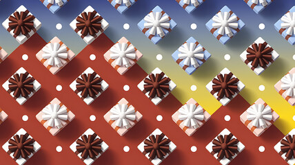 Abstract festive gift pattern red blue yellow background holiday celebration joy.
