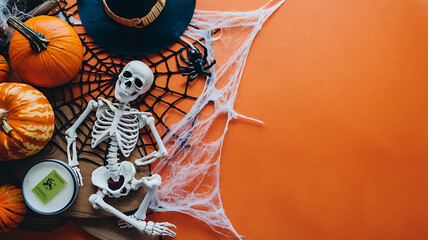 Spooky Halloween decorations with orange pumpkins and a white skeleton on an orange background. 
