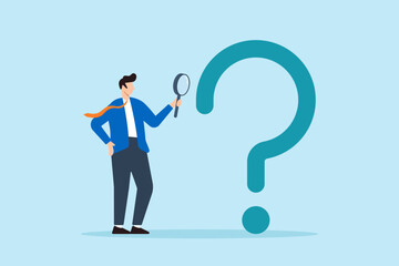 Flat illustration of businessman analyzes question mark with magnifying glass searching for solutions to problems or challenges