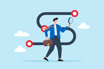 Flat illustration of businessman analyzes career path with magnifying glass searching for opportunities and making decisions
