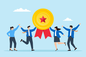 Flat illustration of business people celebrate achievement of high quality badge symbolizing teamwork and high performance