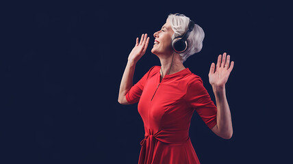 A woman in red dancing with headphones on, blue background, joyful energy, music lover. 
