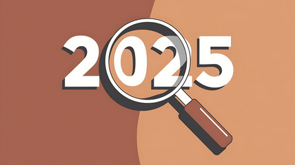 White 2025 with magnifying glass on brown background, New Year planning and future vision. 
