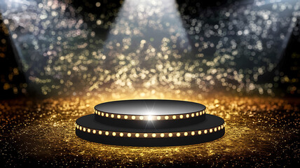 Black stage with gold lights and glitter, perfect for award ceremony or product presentation. 
