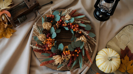 Rustic Autumn Wreath with Orange and Green Tones Warm Fall Decor and Thanksgiving Crafts 
