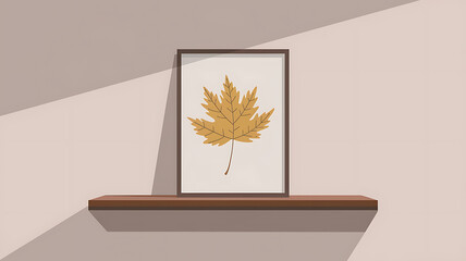 Minimalist brown leaf in frame on shelf, autumn decor, cozy home. 
