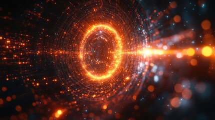 Obraz premium Floating particles form a captivating spiral of light, evoking a cosmic whirlpool filled with vibrant colors in a digital realm