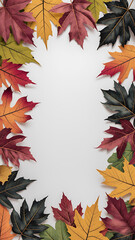 Autumn leaves frame a white background, red and yellow, minimalist design, perfect for fall projects. 

