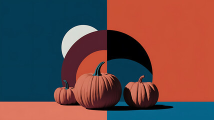Orange pumpkins on colorful background, minimalist autumn design, perfect for fall decor. 
