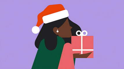 A woman in a green sweater and red Santa hat holds a pink gift box, celebrating Christmas joy. 
