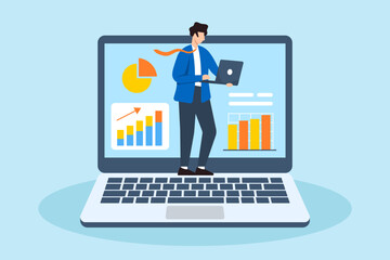 Flat illustration of businessman investor examines financial chart on laptop searching for profit opportunities in data analysis
