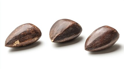 Three brown pine nuts isolated on a white background.
