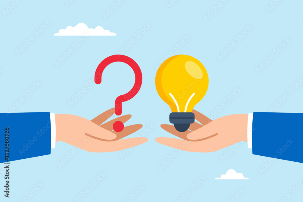 Poster flat illustration of businessman hands hold question mark and lightbulb reply symbolizing solving pr