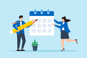 Flat illustration of businessman and businesswoman carry big calendar with pencil planning their project schedule and deadlines