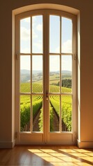 View From an Interior Space Through a Tall, Rectangular Window With Multiple Panes, Revealing a Vibrant Vineyard Scene.