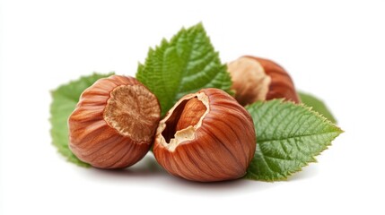 Three hazelnuts with green leaves isolated on a white background.