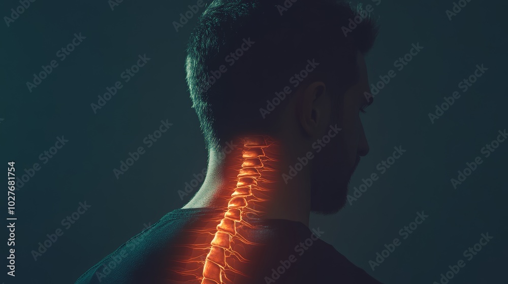 Poster Man is standing with a painful expression while an x ray of his spine is highlighted showing the source of his discomfort