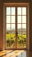View From an Interior Space Through a Tall, Rectangular Window With Multiple Panes, Revealing a Vibrant Vineyard Scene.