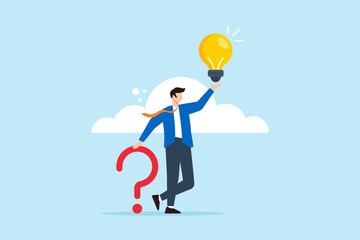 Flat illustration of smart businessman holds question mark sign alongside lightbulb representing creative problem-solving ideas