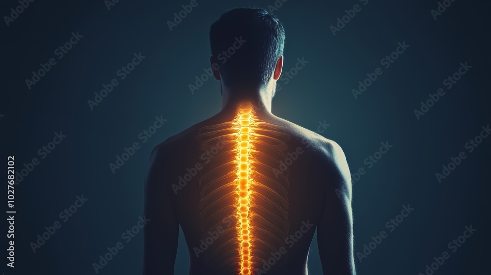 Poster shirtless man standing back to camera with highlighted spine, emphasizing back pain and importance o